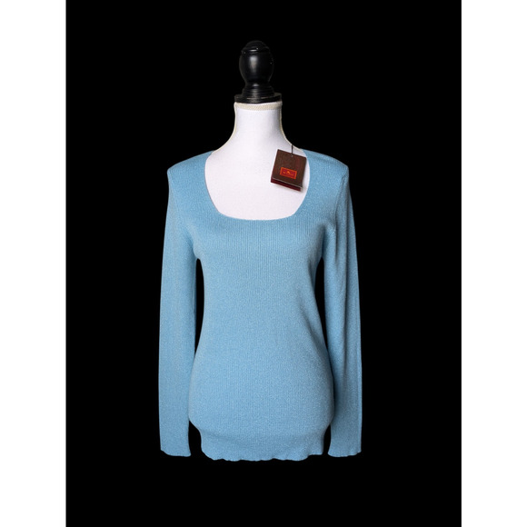 Etro Light Blue Metallic Ribbed Square Neck Fitted Sweater New Sz 48 Large Wool